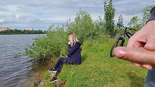 Jerk off a dick near a stranger girl in public